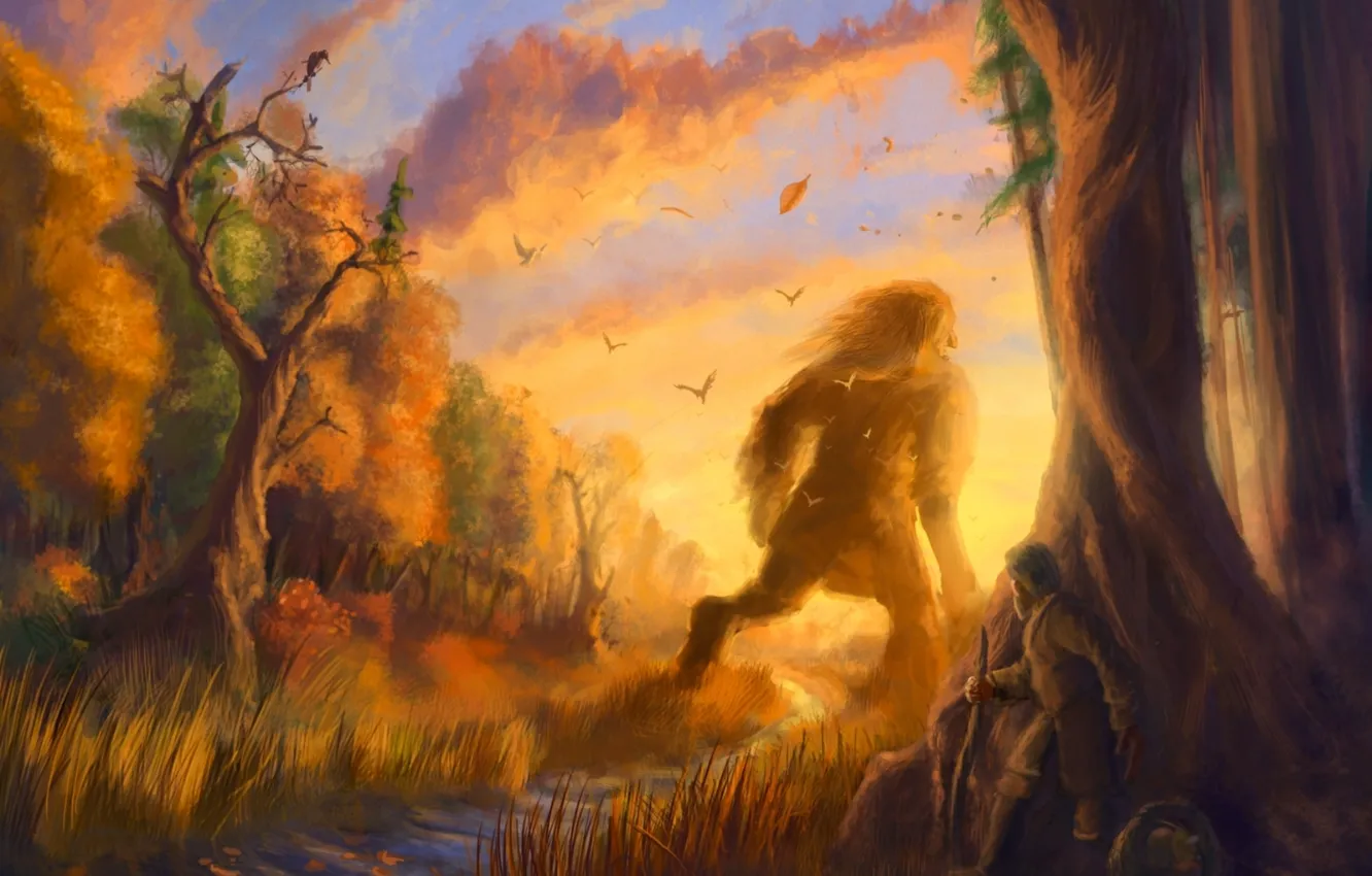 Фото обои осень, лес, закат, сказка, великан, фэнтези, арт