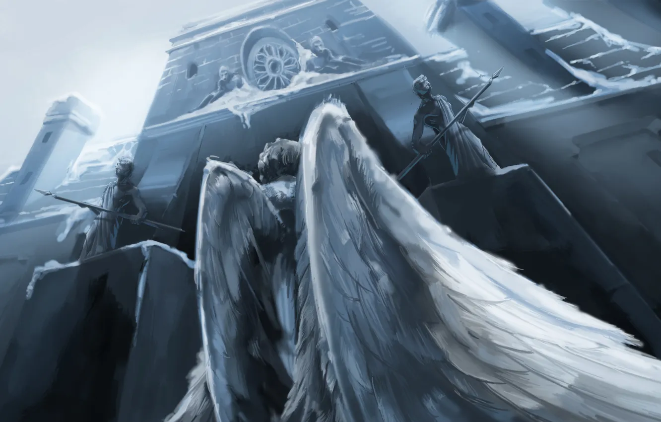 Фото обои зима, снег, оружие, фантастика, здание, крылья, ангел, арт