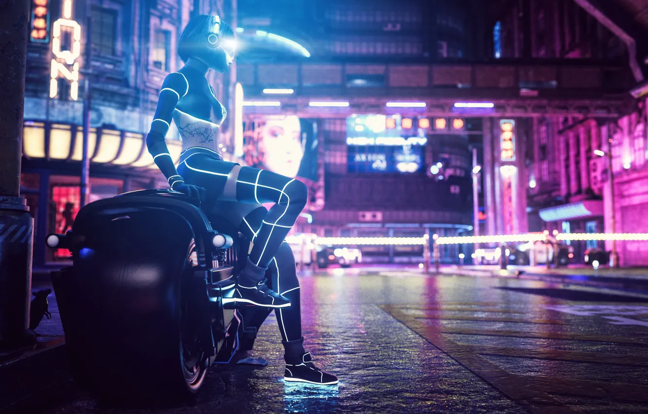 Фото обои девушка, ночь, city, город, lights, огни, реклама, мотоцикл