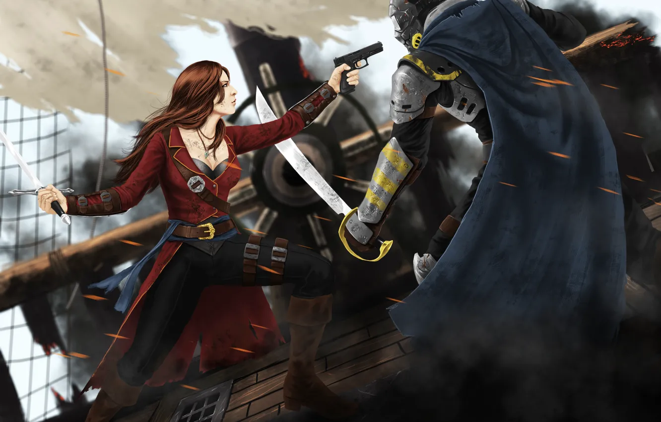 Фото обои девушка, пистолет, фантастика, корабль, маска, арт, пират, мужчина