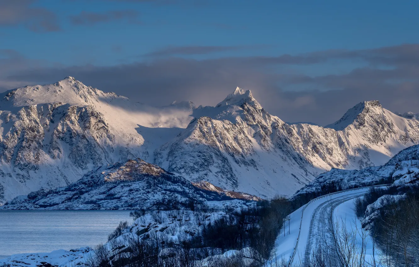 Фото обои зима, горы, вершины, Норвегия, снежные, Лофотенские острова, Лофотены