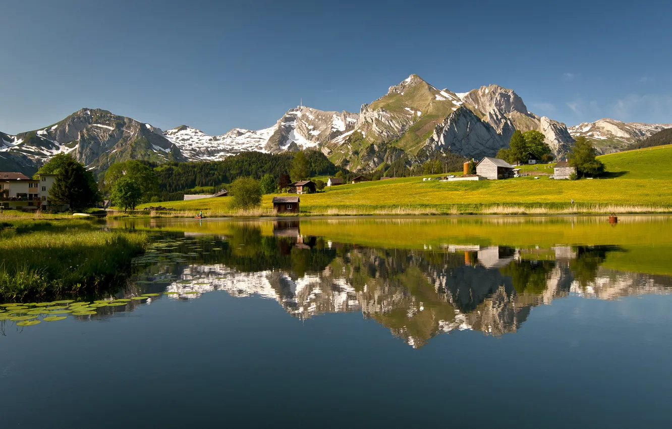 Фото обои горы, природа, озеро, отражение, Швейцария, Switzerland