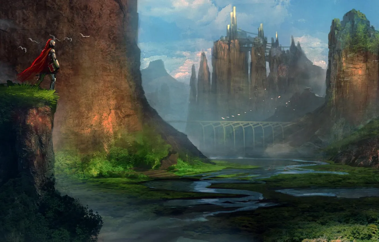 Фото обои пейзаж, мост, город, река, замок, скалы, долина, воин