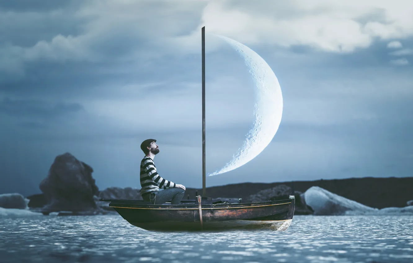 Фото обои луна, лодка, человек, парус