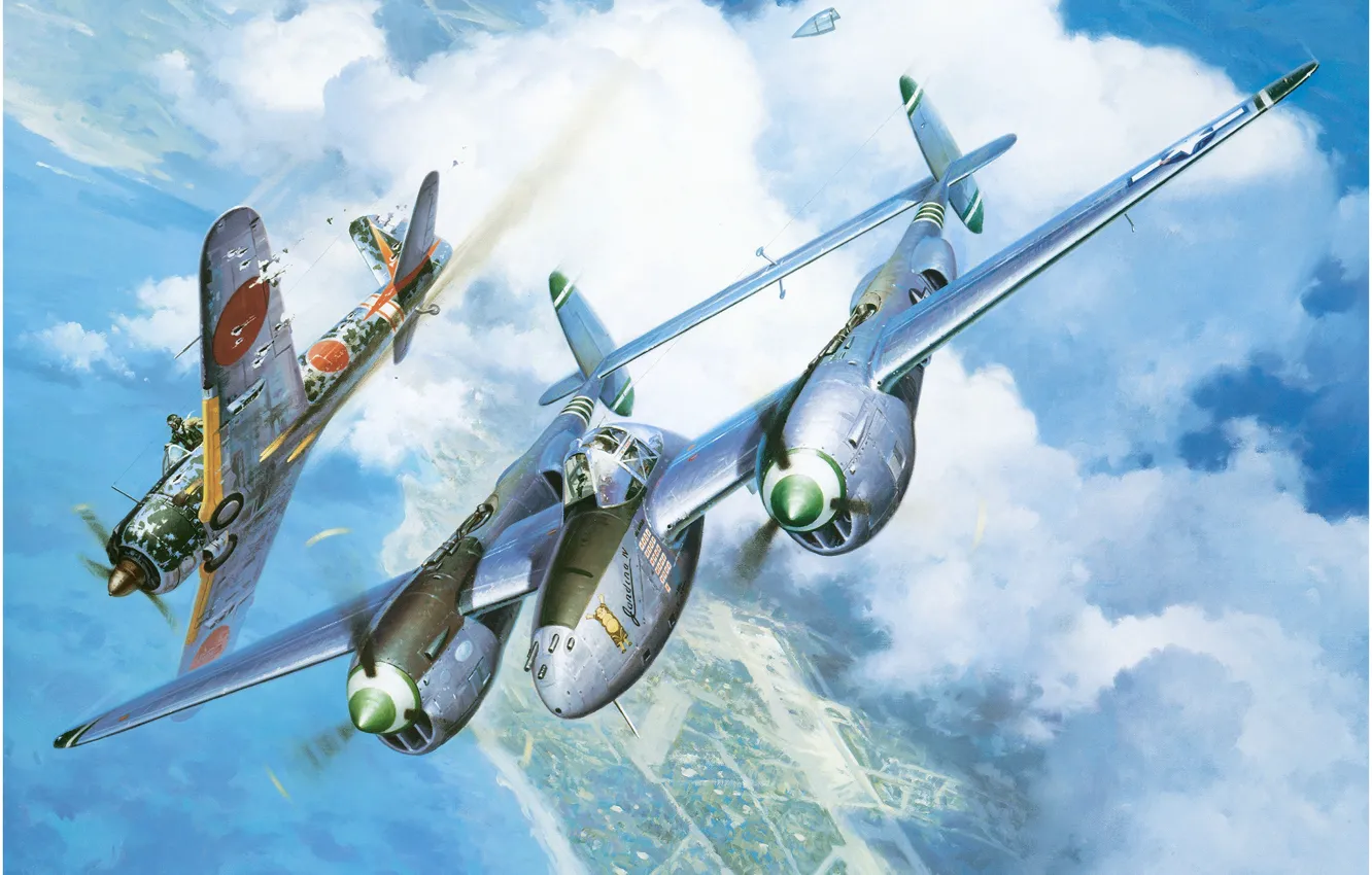 Фото обои истребитель, США, Lightning, Lockheed, вторая мировая война, Nakajima, P-38, Roy Grinnell