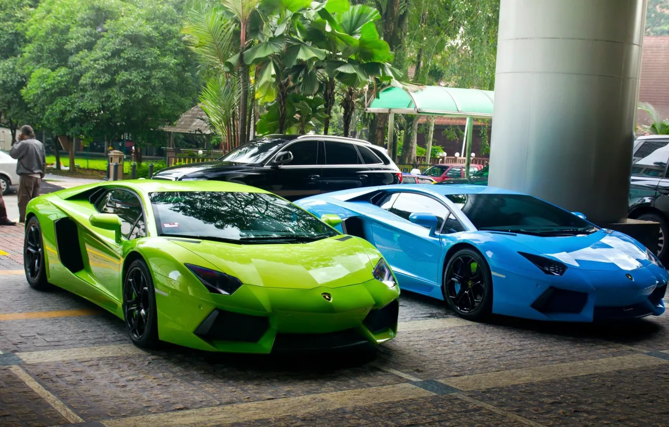 Фото обои green, Lamborghini, blue, street, Aventador
