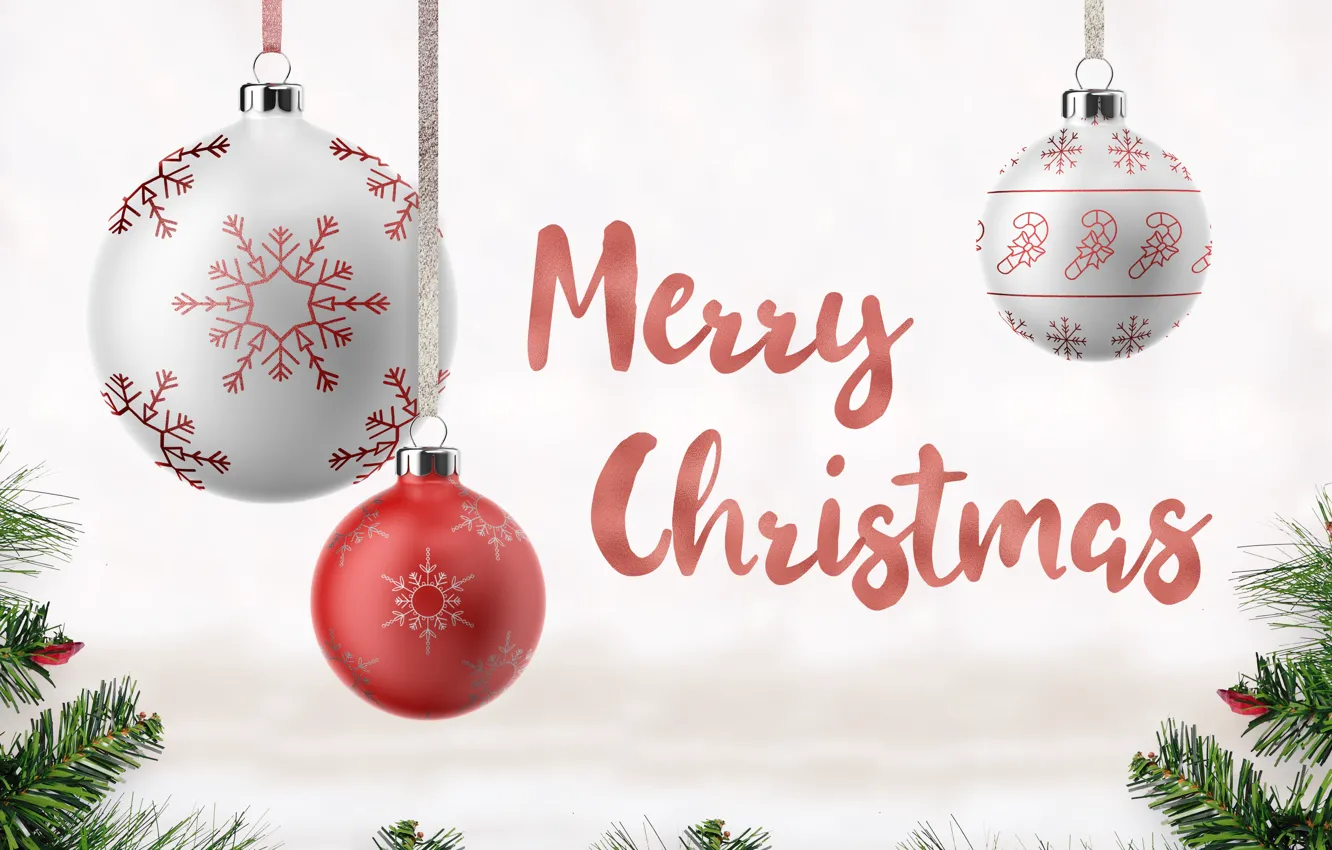 Фото обои шарики, праздник, надпись, новый год, Рождество, хвоя, новогодние украшения, новогодние декорации