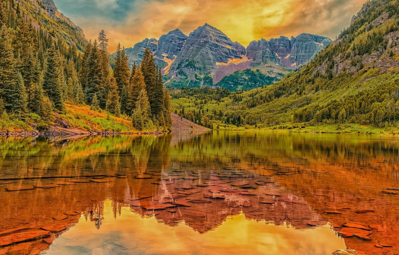 Фото обои пейзаж, горы, озеро, красота, рыжие