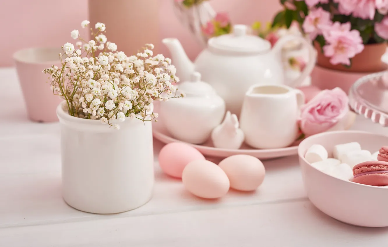 Фото обои цветы, праздник, яйца, весна, пасха, посуда