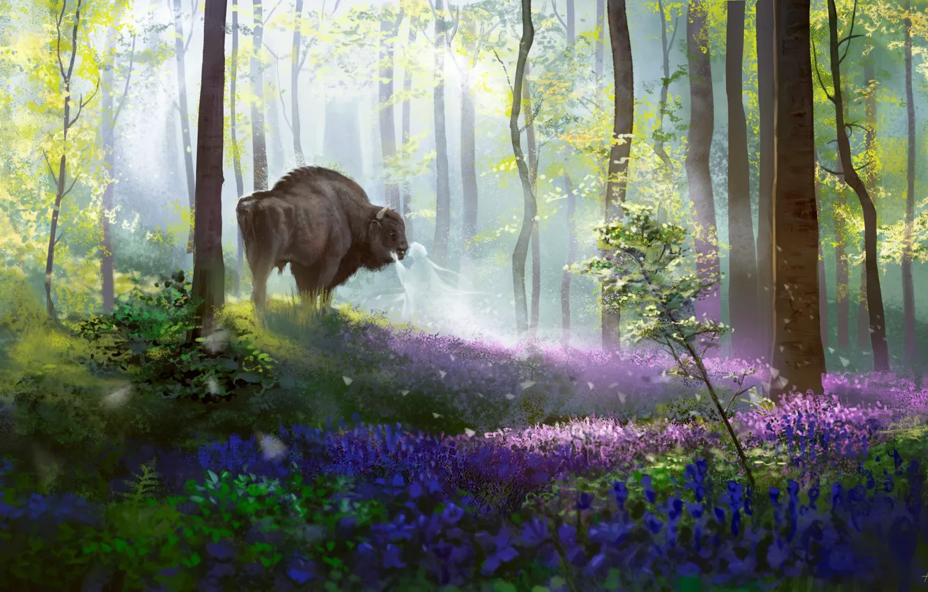 Фото обои лес, природа, дух, фэнтези, арт, бизон, Alex Shiga, Bison's daydream