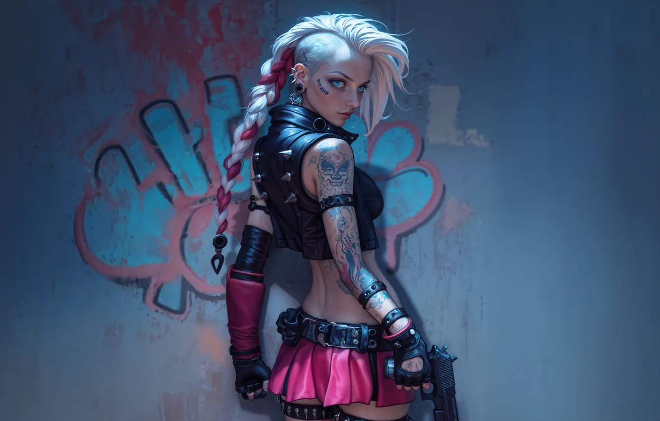 Фото обои Girl, Gun, Anime, Wall, Graffiti, Tattoo, Cyberpunk, Anime Girl