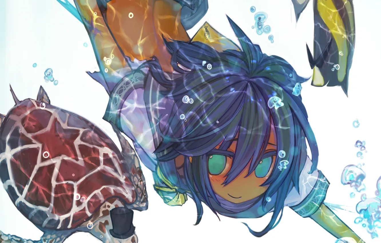 Фото обои девушка, рыбы, пузыри, черепаха, аниме, арт, под водой, шляпы