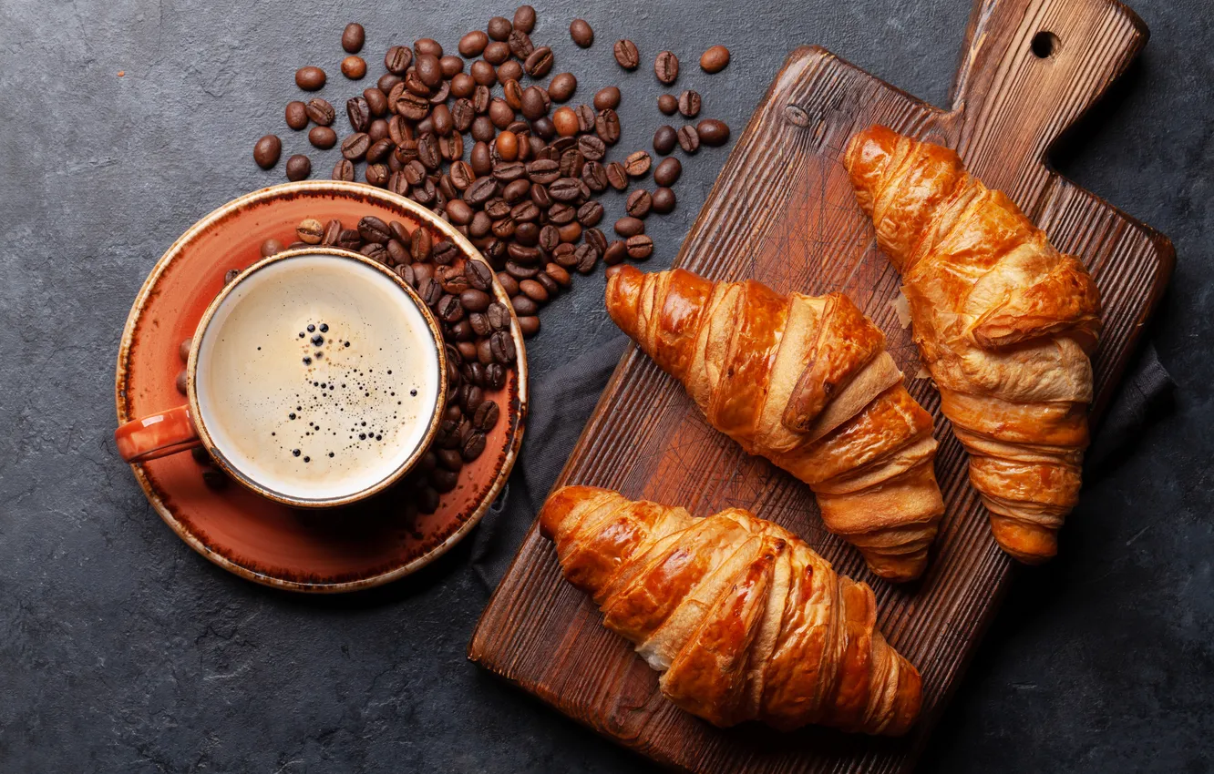 Фото обои cup, coffee, круассаны, чашка кофе, croissants