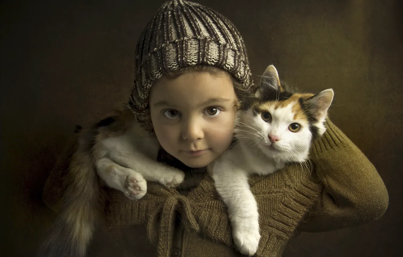 Фото обои кошка, портрет, девочка