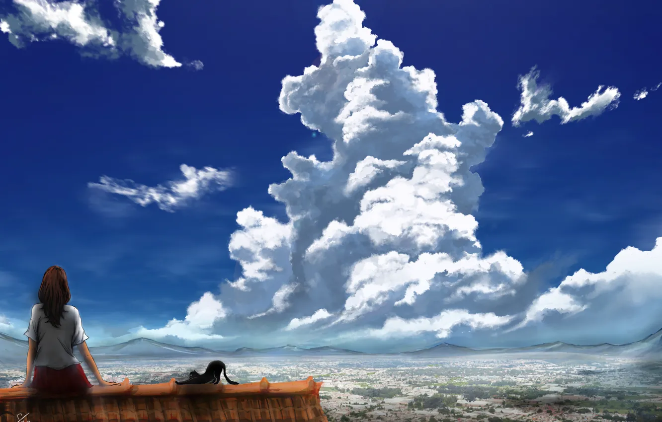 Фото обои крыша, кошка, небо, девушка
