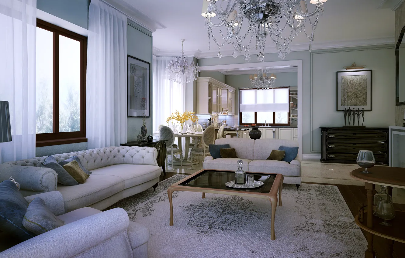 Фото обои диван, стулья, интерьер, подушки, кухня, гостиная, living room, interior
