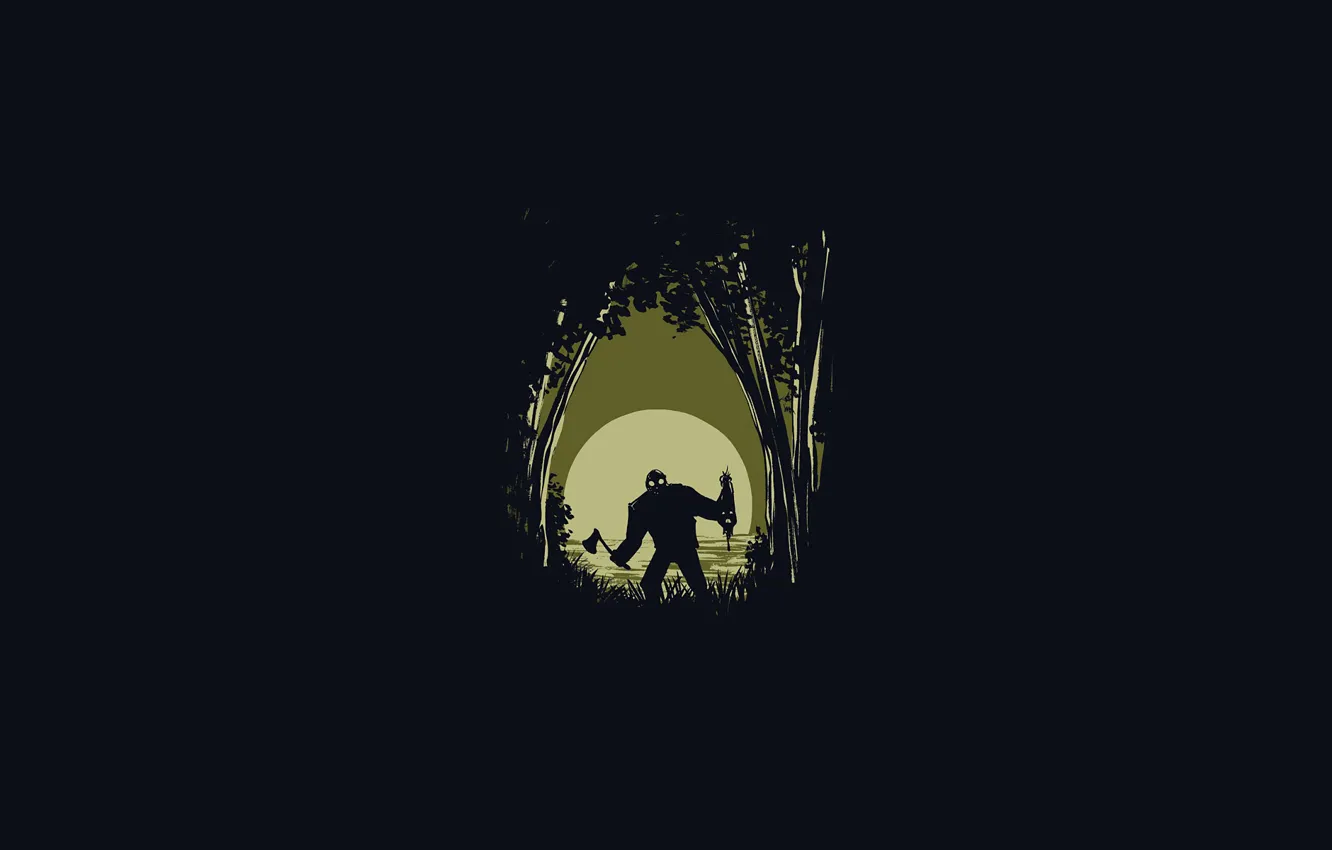 Фото обои деревья, озеро, луна, Jason Voorhees, топор, Джейсон Вурхиз, Пятница 13-е, The Friday the 13th