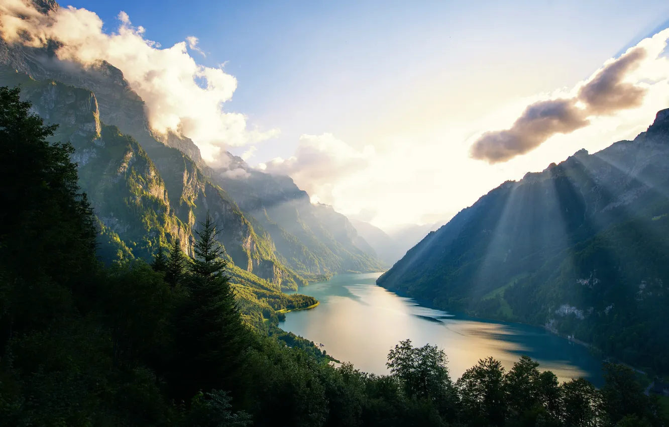 Фото обои горы, озеро, forest, Switzerland, lake, Mounts, Klontalersee