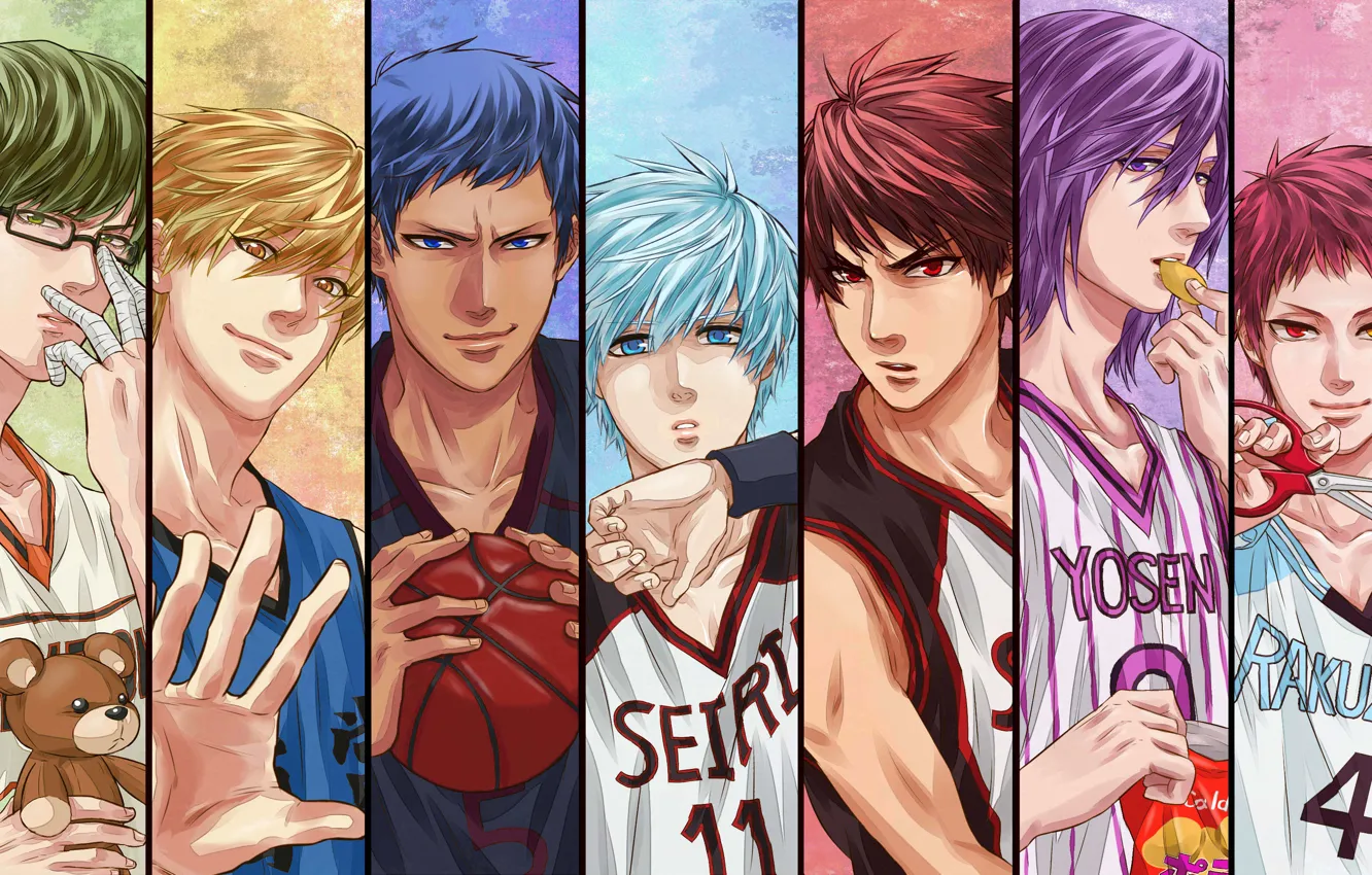 Фото обои спорт, аниме, баскетболисты, Atsushi Murasakibara, Tetsuya Kuroko, Daiki Aomine, Kuroko no Basket, Shintaro Midorima