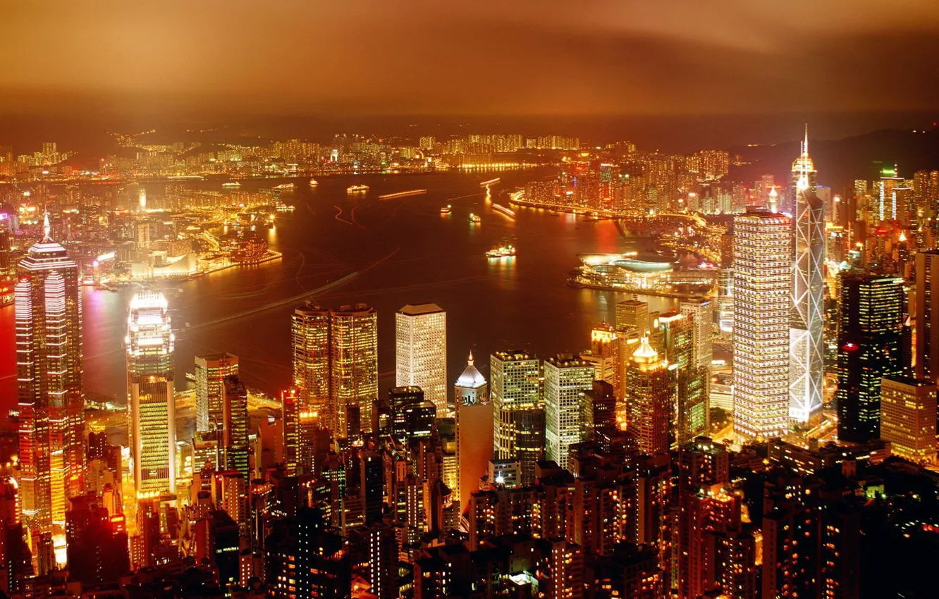 Фото обои ночь, Гонконг, небоскребы, Огни