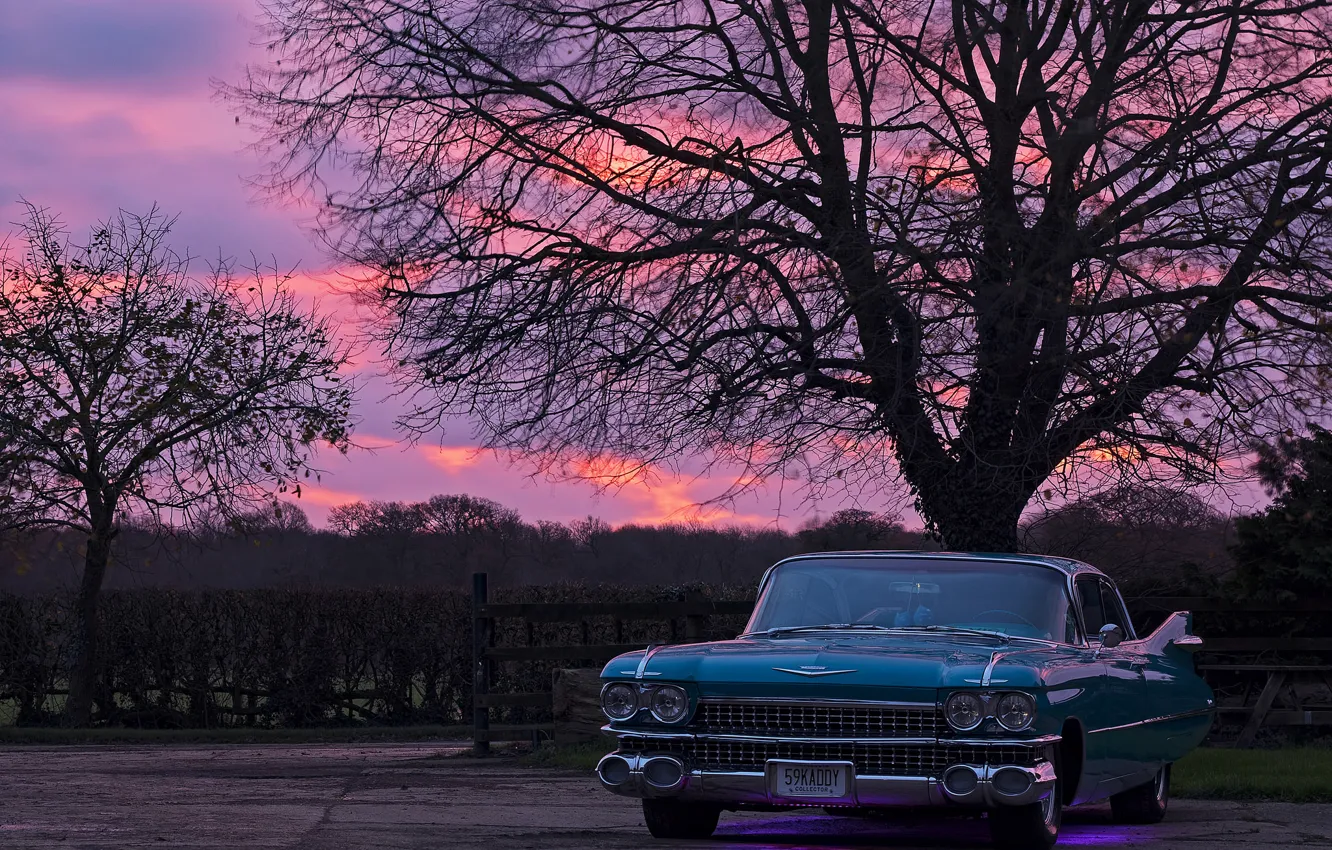 Фото обои ретро, рассвет, Cadillac, стоянка, 1959, Sedan de Ville