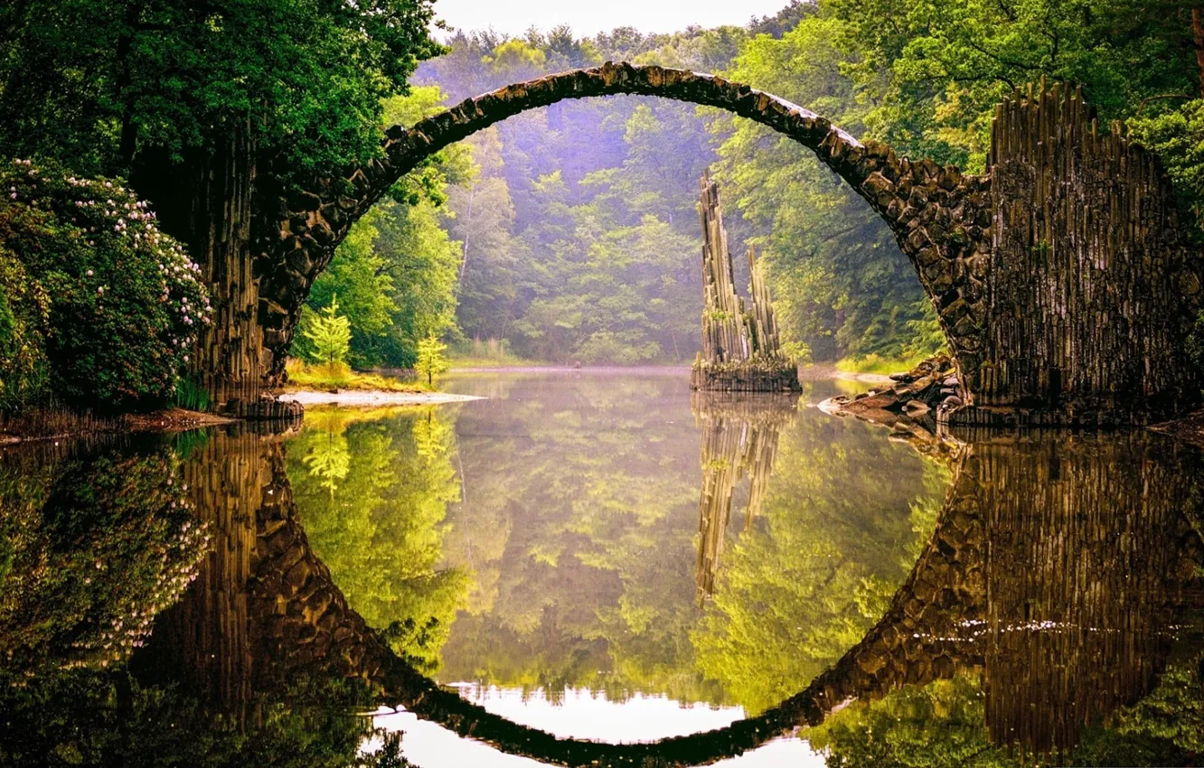 Фото обои green, forest, river, trees, landscape, Bridge, nature, water