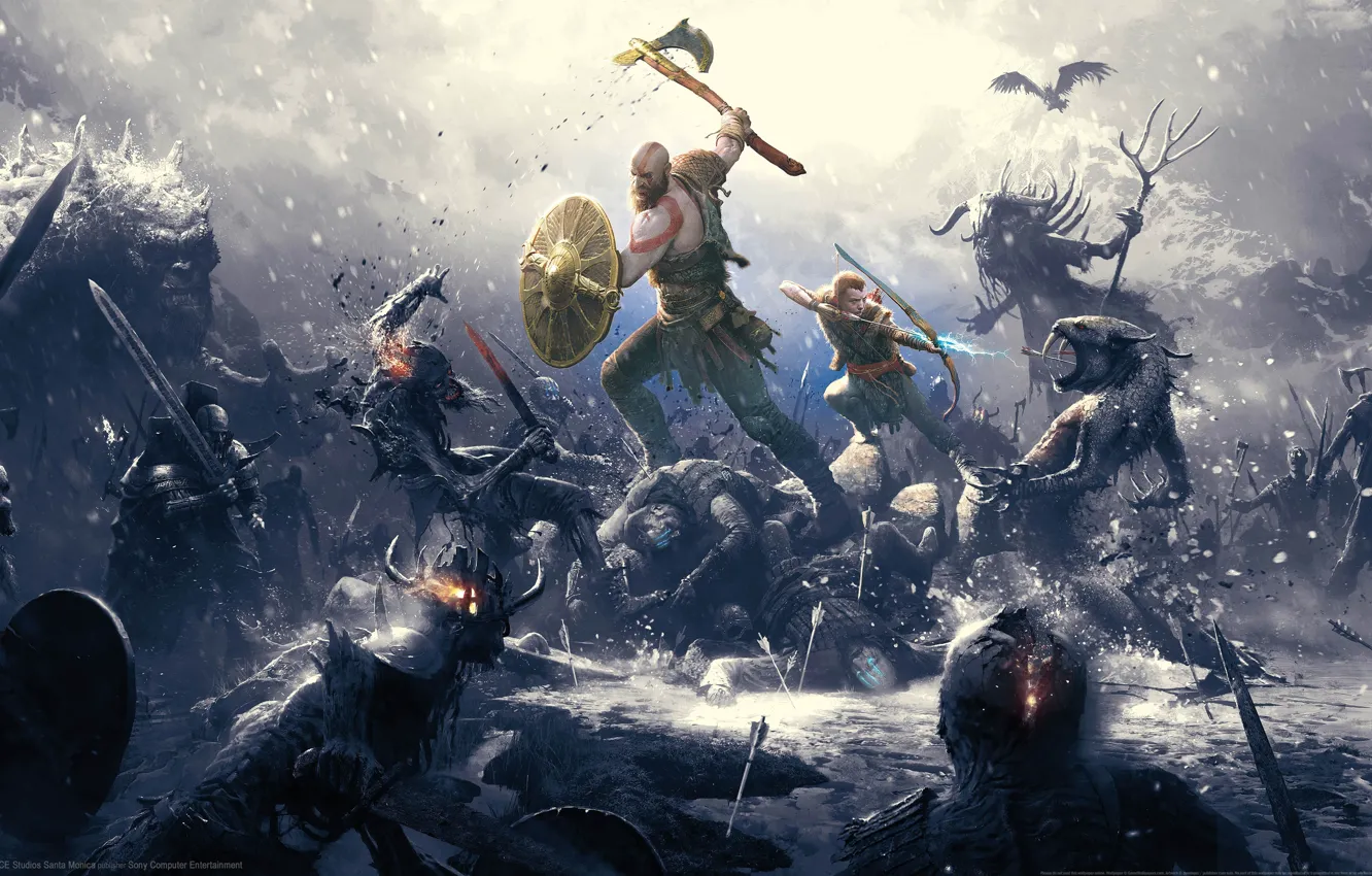 Фото обои sword, god of war, weapon, kratos, sony, snow, blow, man