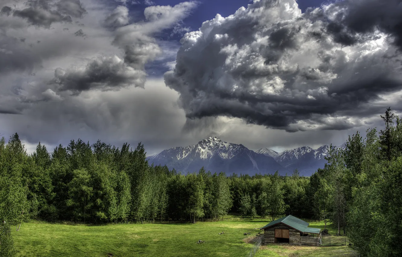 Фото обои лес, облака, горы, поляна, сарай, Alaska, Пайонир Пик, Чугачские горы