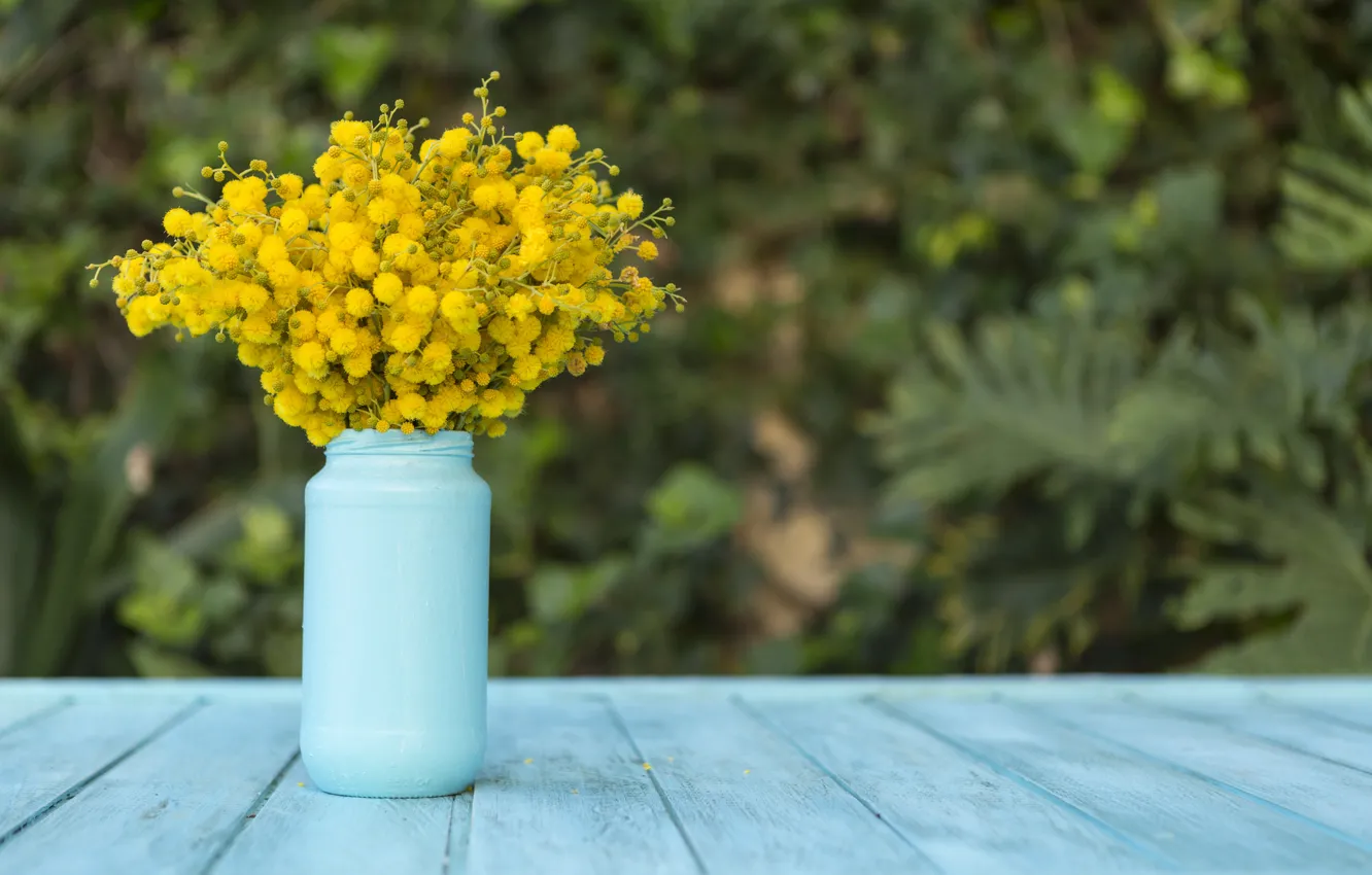 Фото обои стол, wood, blue, flowers, vase