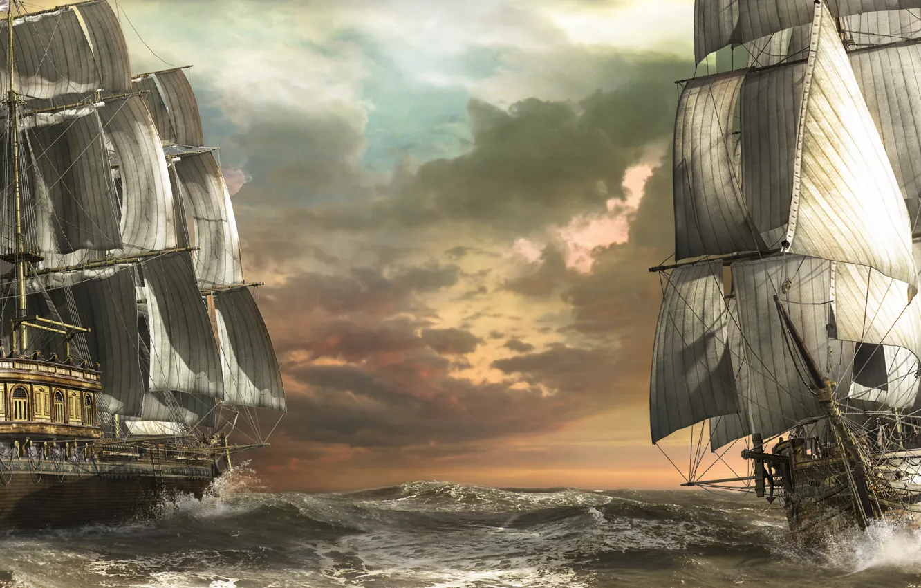 Фото обои море, волны, корабли, арт, парусники