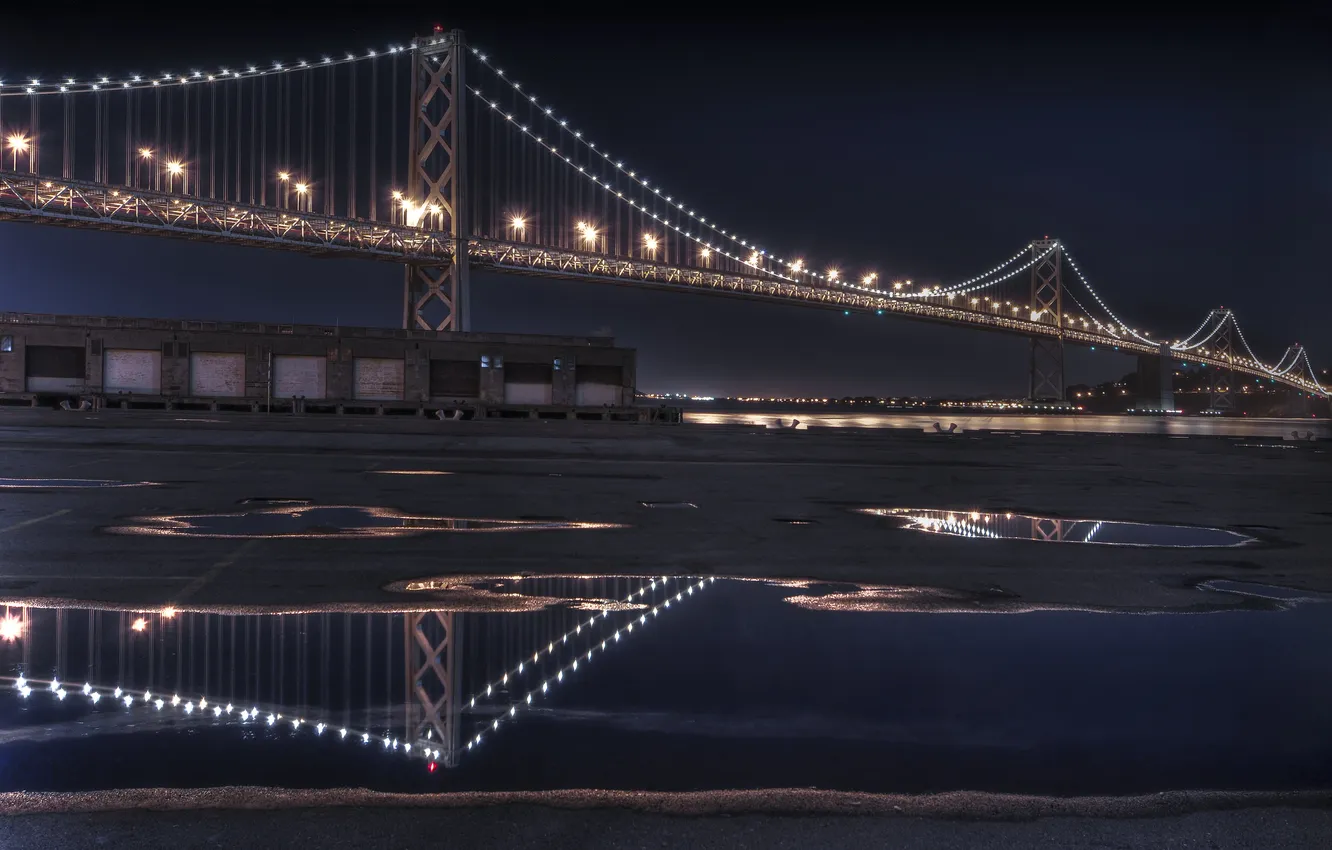 Фото обои ночь, отражение, the bay bridge