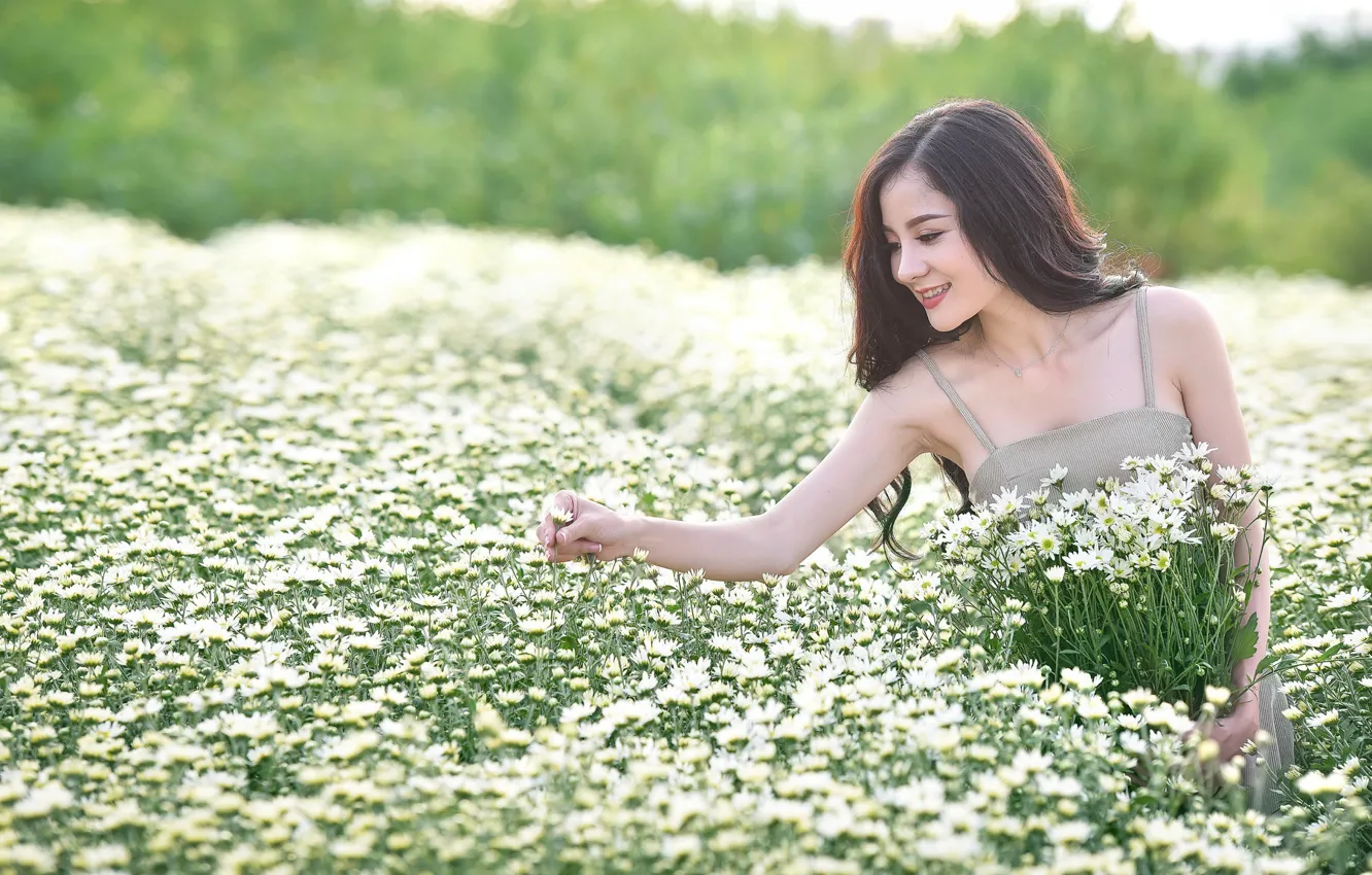Фото обои поле, девушка, цветы, улыбка