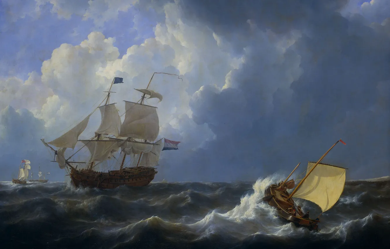 Фото обои масло, картина, холст, морской пейзаж, Йоханнес Кристиан Шотель, Корабли в Бушующем Море