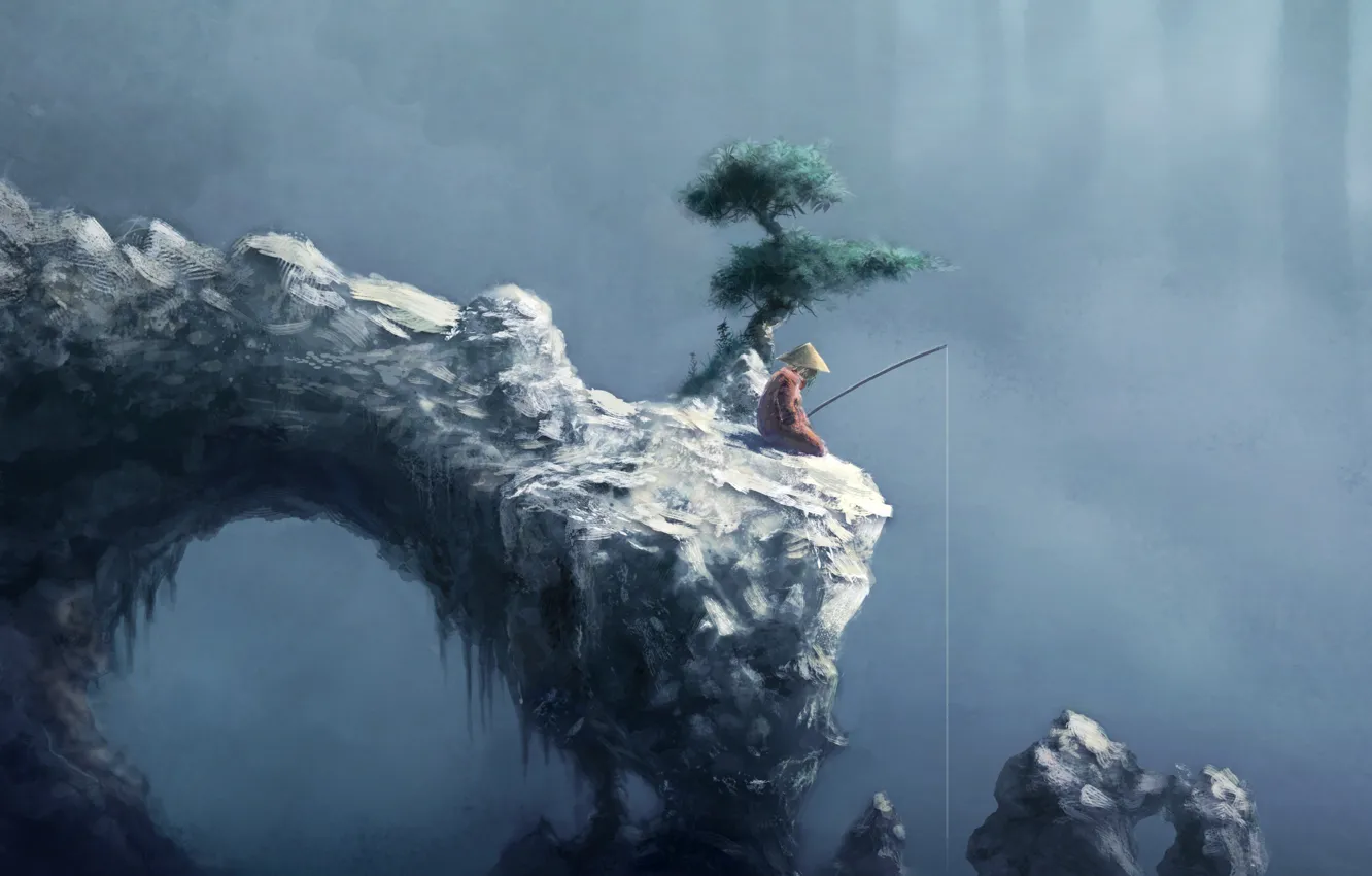Фото обои дерево, скалы, азия, рисунок, высота, шляпа, арка, мужчина
