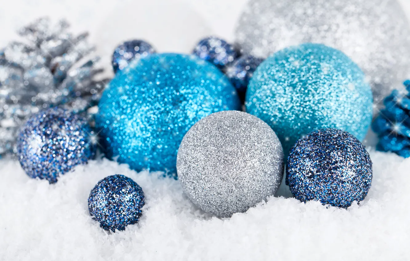 Фото обои зима, шарики, снег, шары, игрушки, Новый Год, Рождество, синие