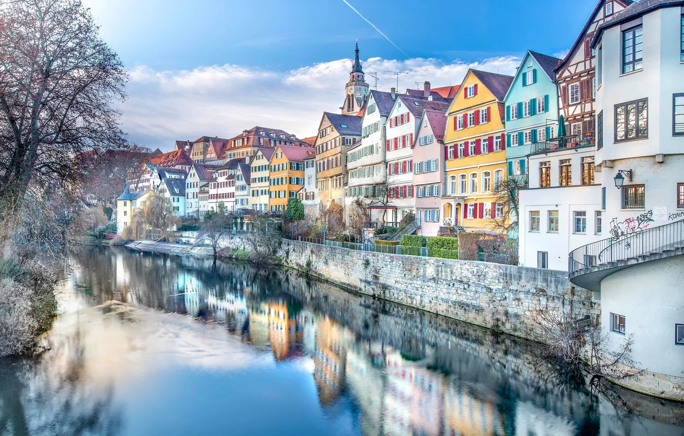 Фото обои отражение, река, здания, дома, Германия, набережная, Germany, Баден-Вюртемберг