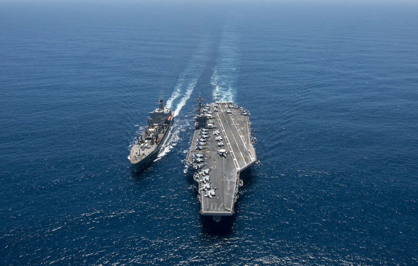 Фото обои море, оружие, армия, aircraft carrier USS Carl Vinson (CVN 70), replenishment oiler USNS Yukon (T-AO …