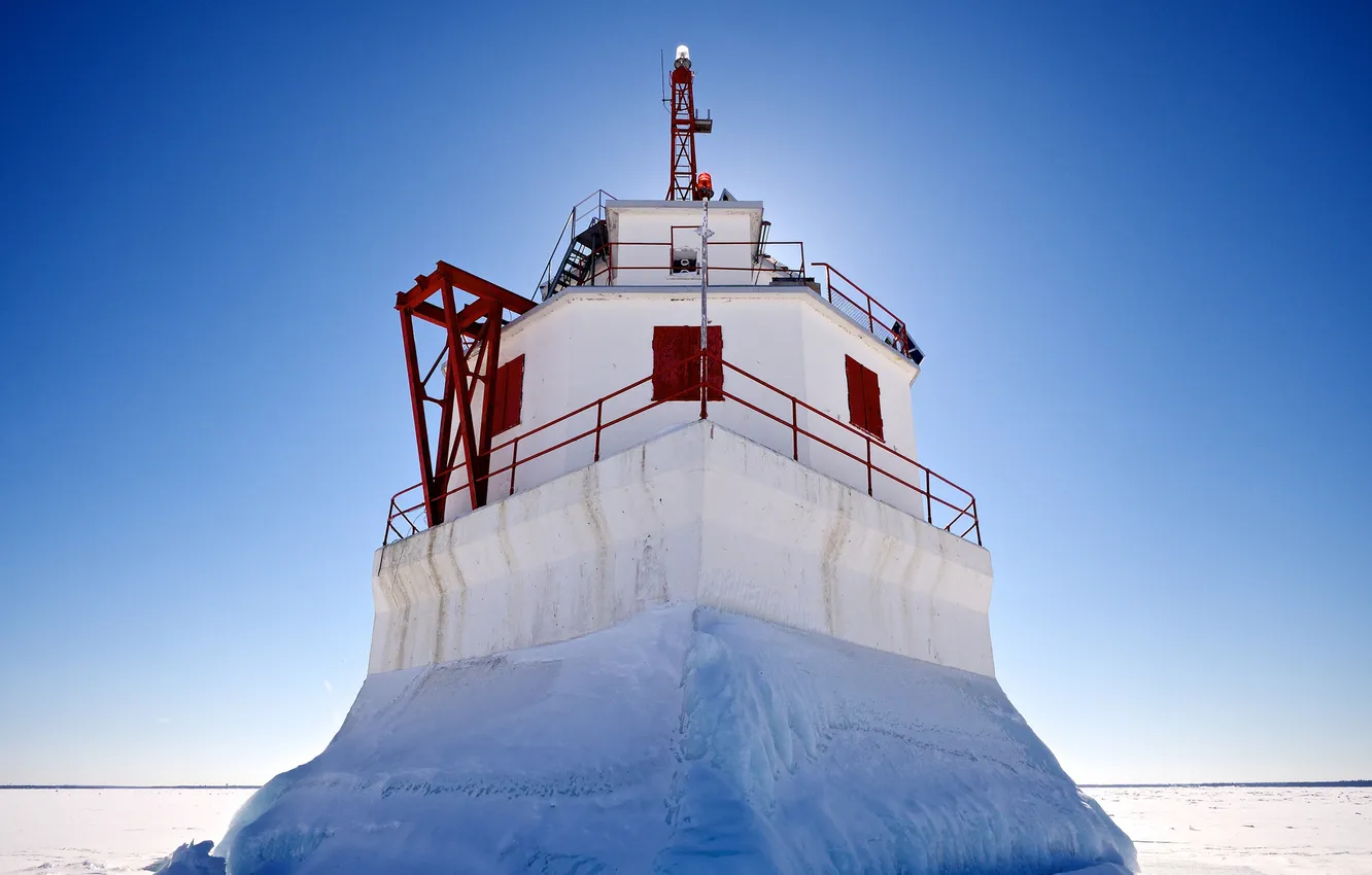 Фото обои лед, зима, небо, снег, маяк, Мичиган, США, Gros Cap Reef