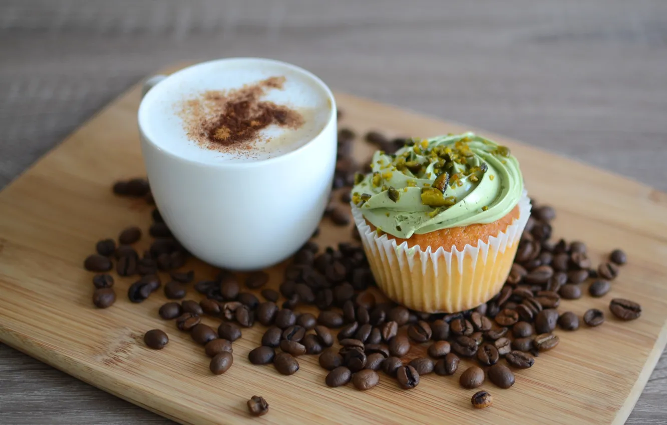 Фото обои чашка, крем, кофейные зерна, выпечка, кекс, coffe, cappuccino