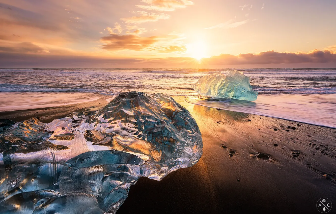 Фото обои море, пляж, солнце, свет, лёд, Исландия