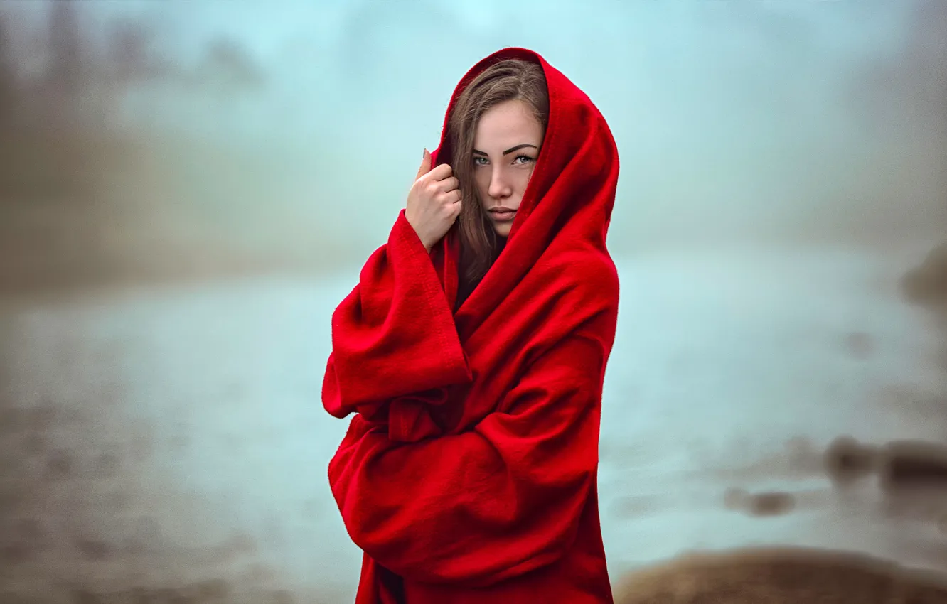Фото обои туман, боке, девушка в красном, Katy Sendza, Mystical