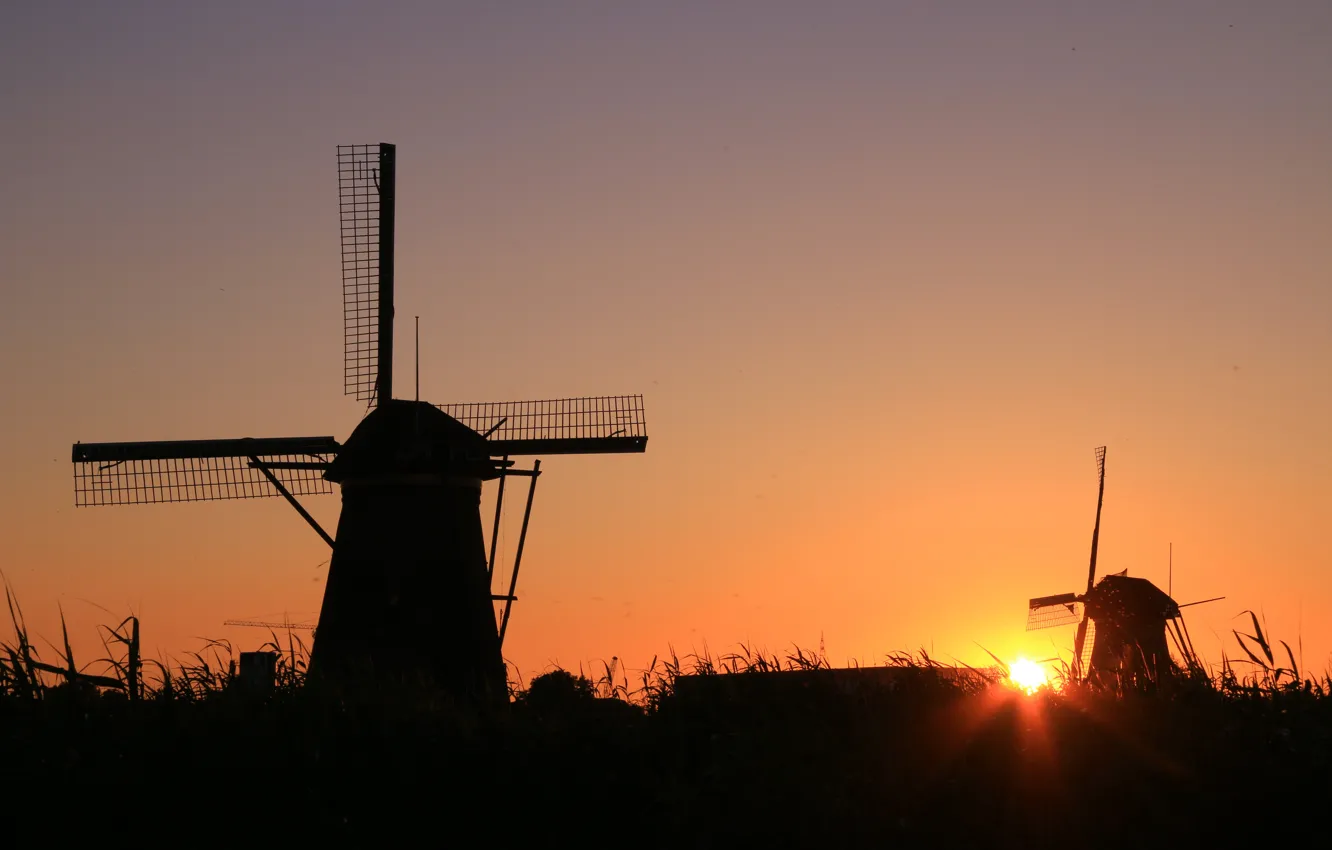 Фото обои закат, силуэт, Нидерланды, ветряная мельница, Киндердейк