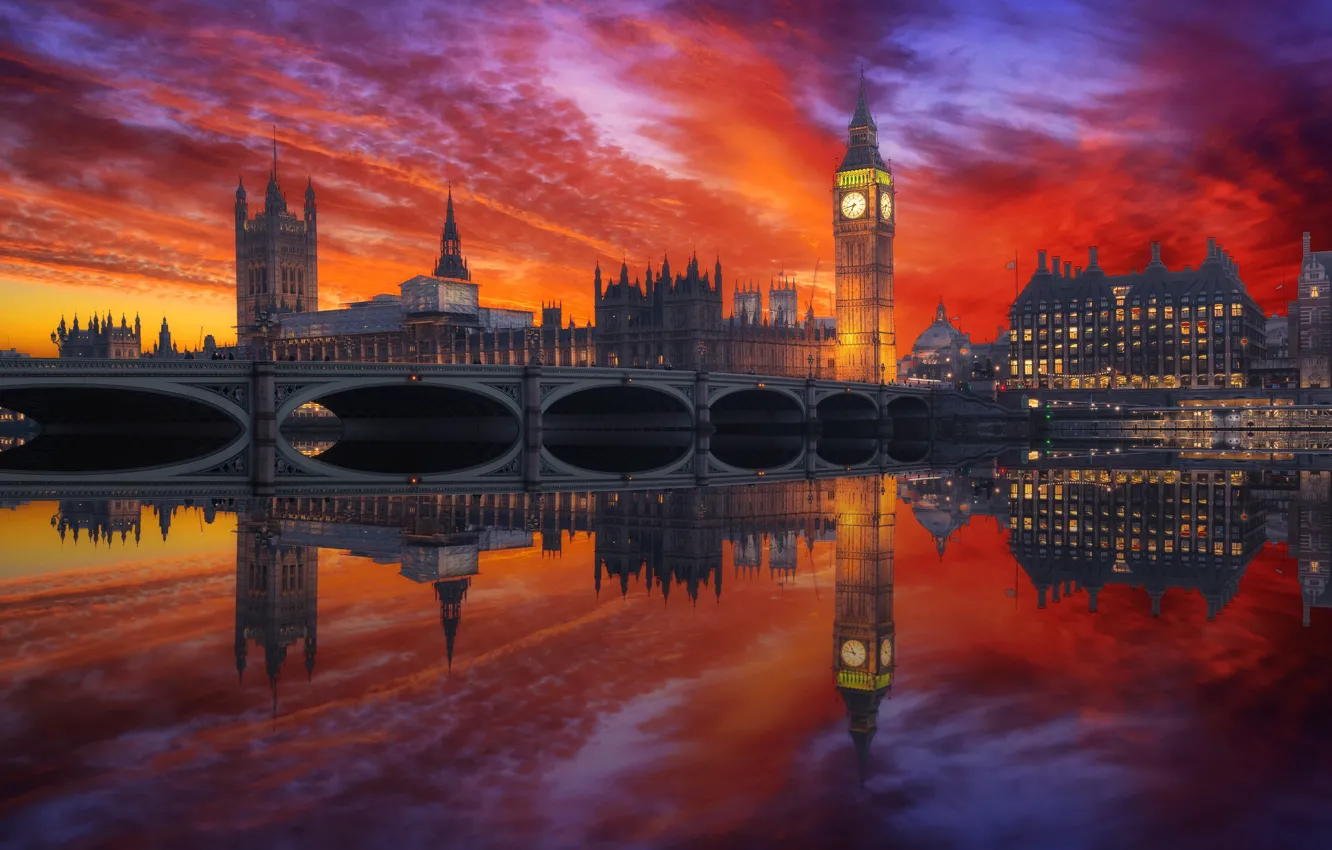 Фото обои закат, мост, Лондон, Британия, Биг-Бен