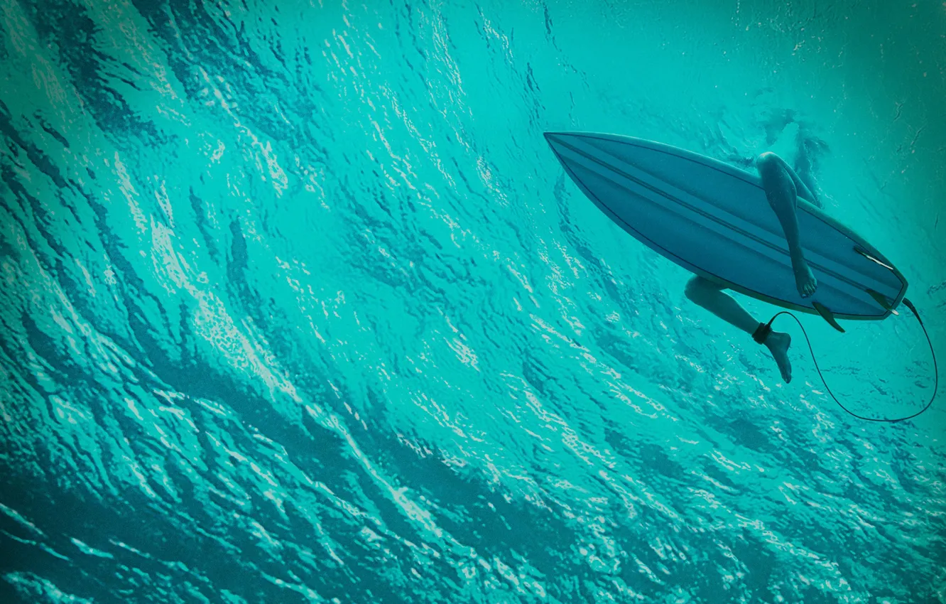 Фото обои девушка, синева, океан, серфинг, доска, триллер, под водой, ужасы