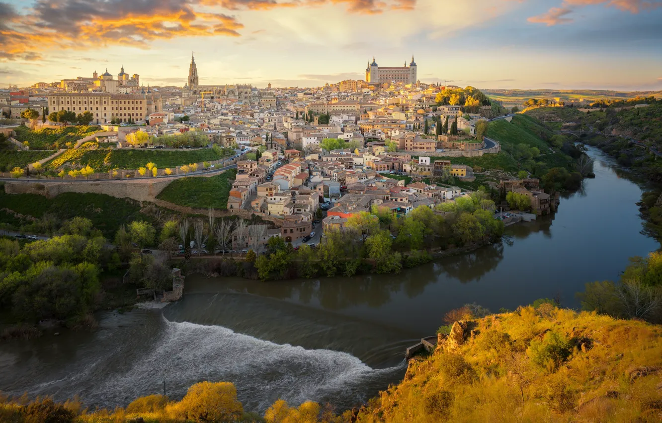 Фото обои река, здания, дома, панорама, Испания, Толедо, Spain, Toledo