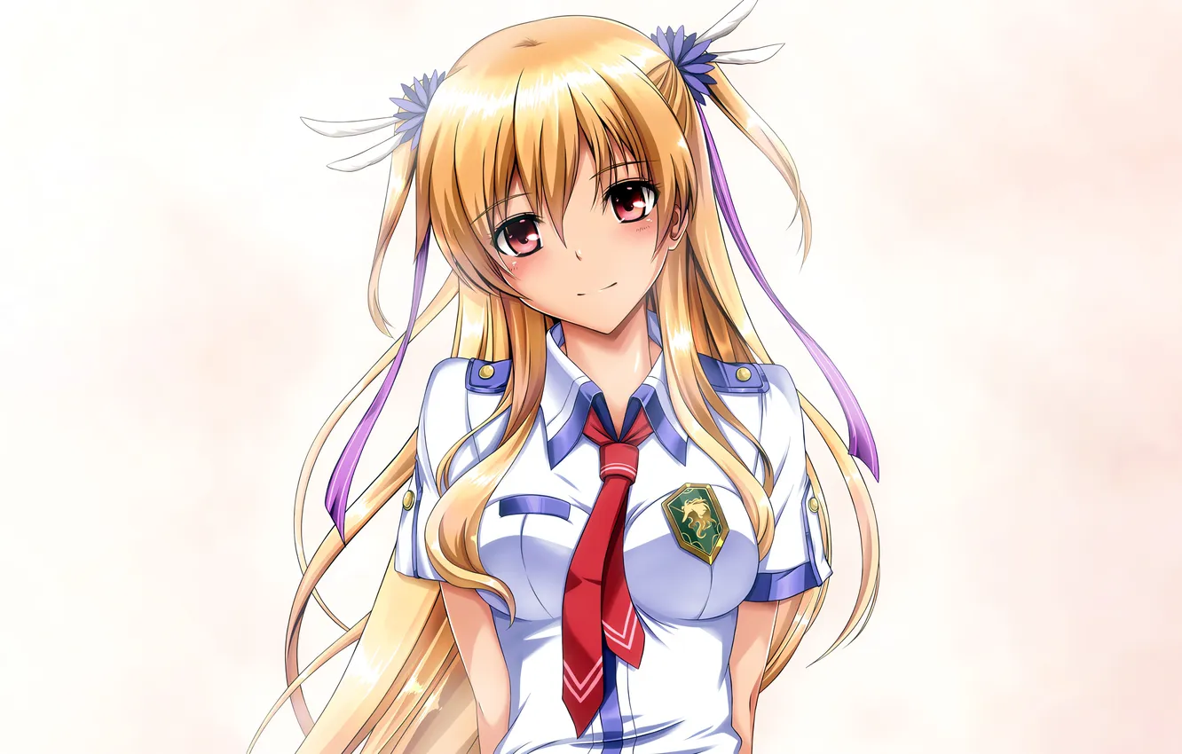Фото обои girl, school uniform, long hair, boobs, anime, beautiful, ribbons, red eyes