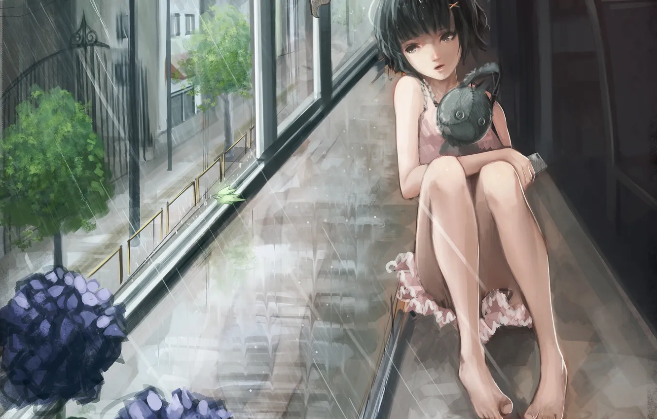 Фото обои девушка, цветы, дождь, игрушка, аниме, окно, арт, baka
