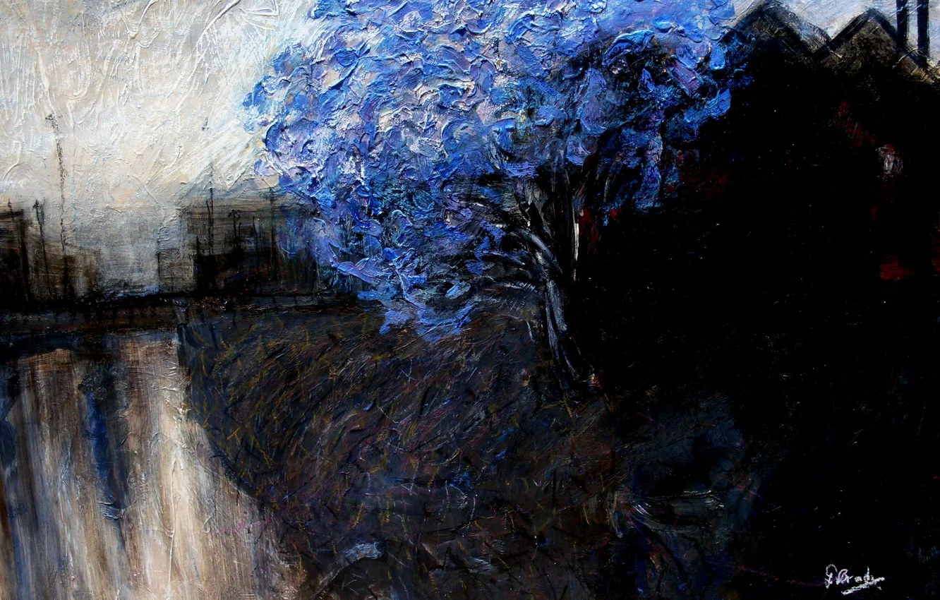 Фото обои пейзаж, дерево, картина, синее, маслом