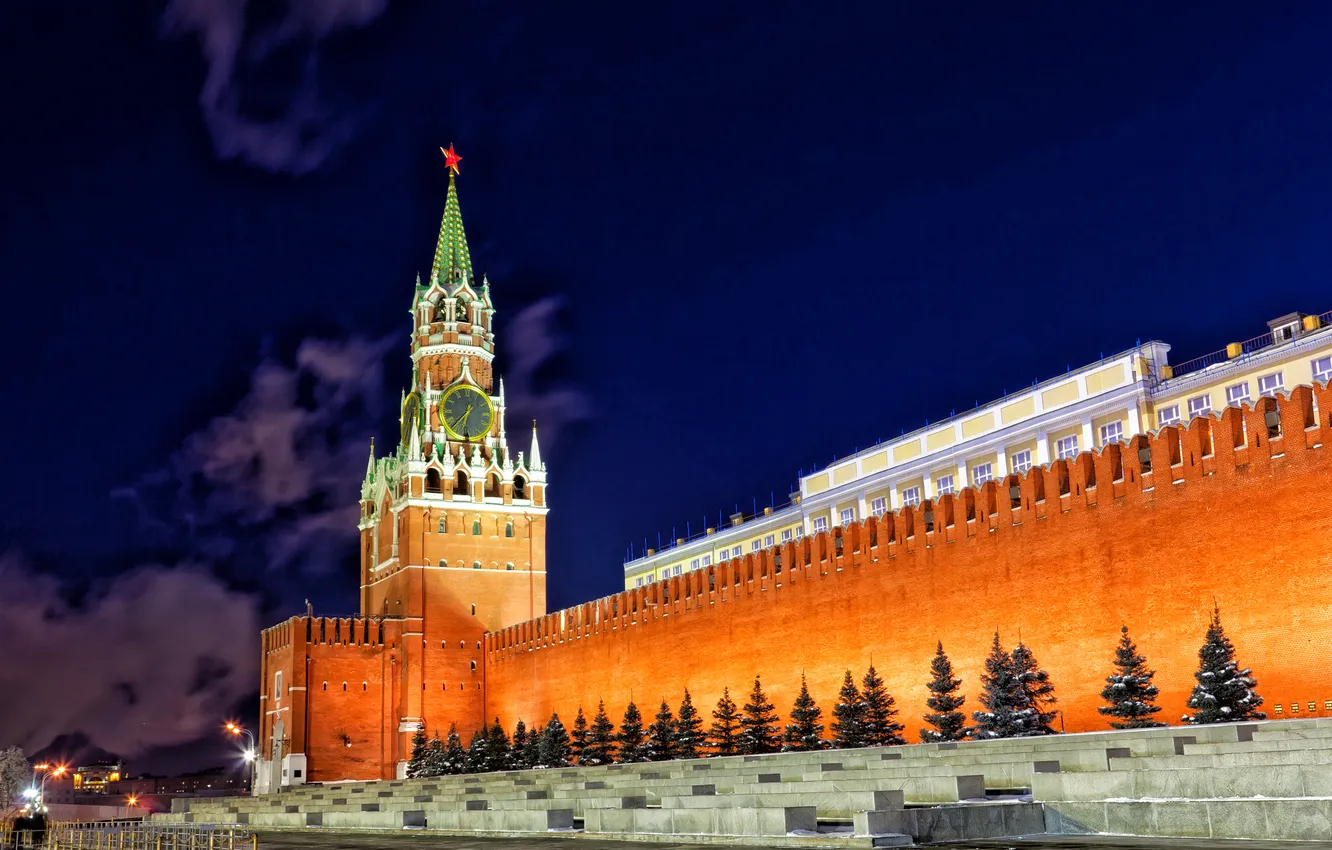 Фото обои ночь, огни, стены, звезда, часы, башня, Москва, Кремль
