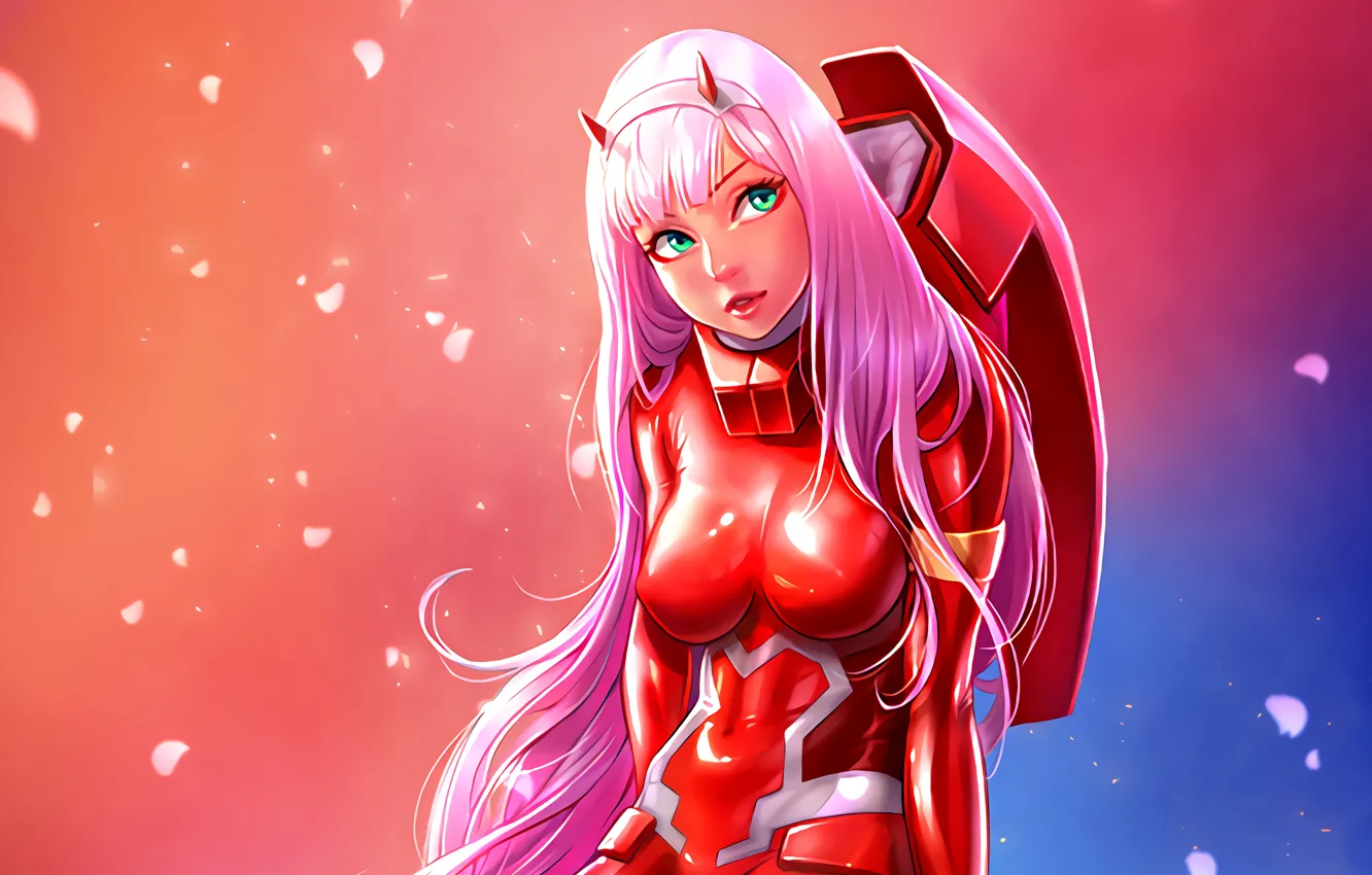 Фото обои взгляд, пух, Anime, pink hair, green eyes, большая грудь, зеленые глаза, look